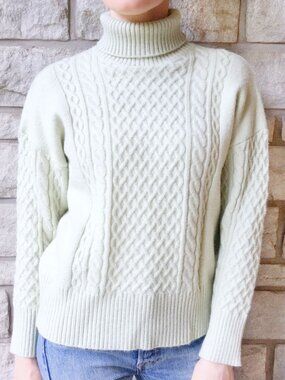 Aran Wool Blend Turtleneck Sweater - Soft Sage Green